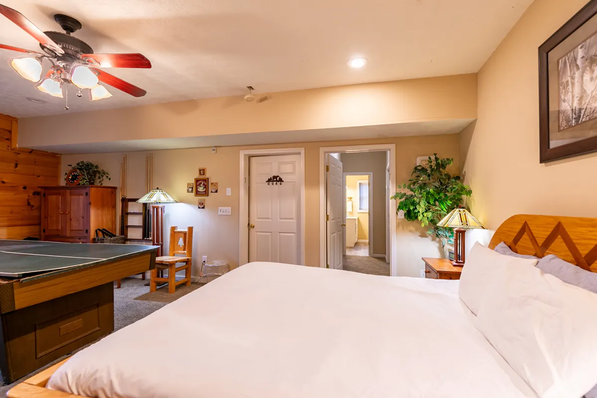 A bright, multi-use room featuring a bed, ping pong table, plants, and a lamp. The doorway in the background hints at direct access to other parts of the cabin or possibly outside, symbolizing indoor-outdoor flow—a crucial element for guests bringing pets.